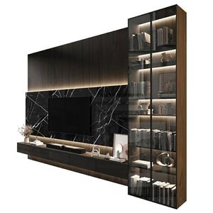 Mueble de TV de Pared con Diseño de Mármol de Lujo KEJIA, Centro de Entretenimiento Flotante Moderno de Madera Oscura con Vitrina de Vidrio para Villa - Product Image 1