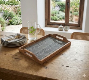 Bandeja Decorativa con Marco de Madera, Inserto de Vidrio con Patrón, Plato para Servir con Asas para Mesa de Comedor, Decoración del Hogar - Product Image 6