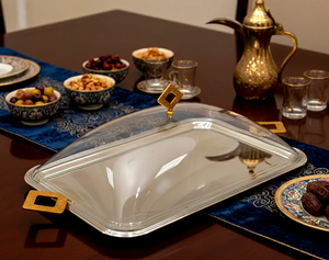 Latest Round Serving Tray with Acrylic Lid and Square Handles for Food Presentation Elegant Laminated Platter Eid Ramadan Party - Product Image 5