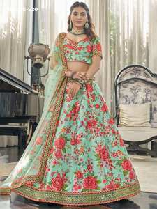 Wedding Wear Beautiful Art <b>Silk</b> with Floral Print-Embroidery with Diamond work Mint <b>Green</b> Lehenga-Choli & Dupatta Woman Fashion - Product Image 3