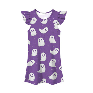 Robe trapèze pour filles, motif fantôme violet, manches volantées, en mousseline, mini, grande taille, lavable, motif rayé mignon, col en V, tenue d'été - Product Image 1