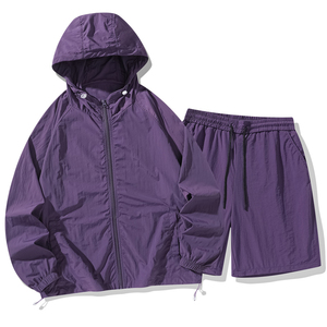 <b>Men's</b> Black Hooded Zipper Windbreaker <b>Jacket</b> and Woven Shorts Set Casual <b>Summer</b> Breathable Quick Dry 100% Nylon - Product Image 4
