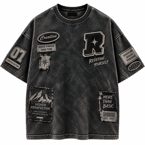 T-shirts personnalisés brodés effet vieilli, délavés à l'acide, effet soleil, 100% coton, luxe, lavés, coupe oversize, séchage rapide, respirants, pour hommes - Product Image 1