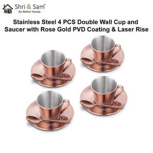 4 PCS Ensemble de tasses et soucoupes en acier inoxydable à double paroi avec finition PVD or rose et laser pour le service de boissons - Product Image 5