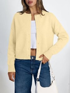 Cárdigan de punto amarillo para mujer, manga larga, cuello redondo, abotonado, suéter corto informal - Product Image 1