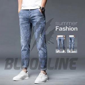 Jean en denim délavé pour homme, coupe slim, en coton mi-lourd, style décontracté automne, jambe droite, poches, look baskets blanches - Product Image 3