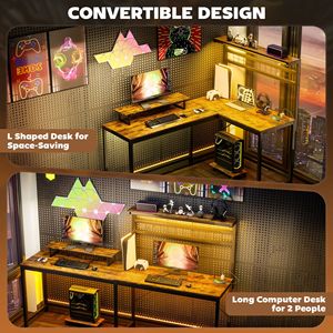 61.6\" Rustic Brown L-Shaped <b>PC</b> Desk with LED Lights Power Outlets Monitor <b>Stand</b> CPU Shelf for Gaming - Product Image 6
