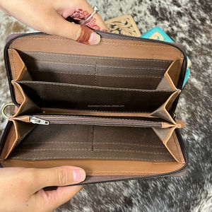 Fashionable OEM ODM Handmade <b>Genuine</b> Cowhide Leather Wallet Wristlet Bohemian Style Sunflower Zipper Clutch for Women's - Product Image 6