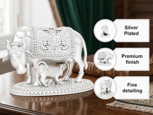 Idole de vache et de veau en laiton plaqué argent 999, design moderne, pour Puja, décoration de maison, Diwali, cadeau - Product Image 2