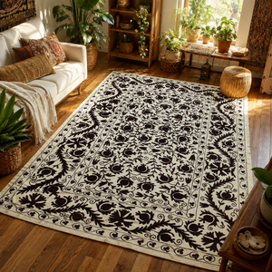 Couvre-lit en coton brodé Suzani de qualité supérieure, crème et noir, motif floral botanique bohème, décoration de chambre artisanale indienne - Product Image 1