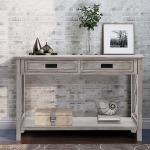 Whitewashed Wood 2-Drawer 1-Shelf <b>Console</b> <b>Table</b> and <b>Entry</b> Rustic Furniture <b>Console</b> <b>Tables</b> - Product Image 1