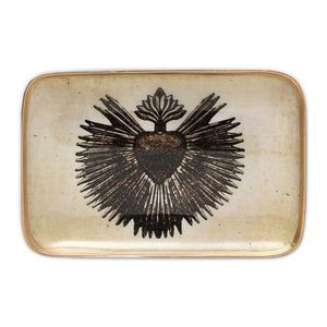 Plateau en métal émaillé crème fait main avec bord doré |   Organisateur de bibelots décoratifs et plateau de service pour table basse pour mariage - Product Image 4