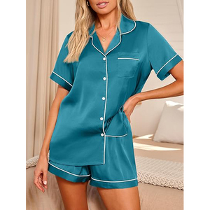 Sexy Ladies <b>Pajama</b> Style Women Night <b>Suit</b> Short Sleeve Lapel Collar Button Front Shorts Set - Product Image 4