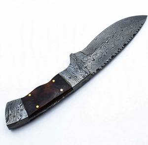 High contrast acid <b>etched</b> damascus steel outdoor heavy prep utility <b>tool</b> with Wood Handle - Product Image 1