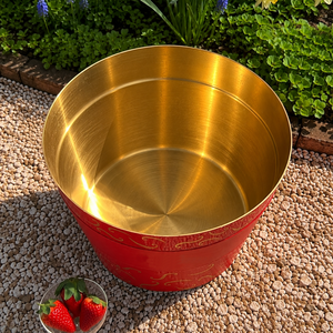 Elegant Red Curved Design Patterned Galvanized Steel Wine <b>Ice</b> Bucket With Gold Interior Premium Party Beverage Tub Supply - Product Image 3