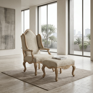 Fauteuil lounge et ottoman en bois massif à dossier haut |   Salon de suite d'hôtel |   Cadre sculpté néoclassique |   Fabricant de meubles OEM - Product Image 4