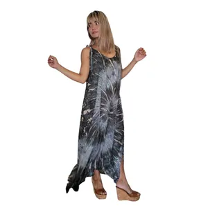 Vestido largo bohemio de rayón con efecto tie-dye gris para mujer, sin mangas, holgado, con cuello redondo, vestido largo de verano - Product Image 5