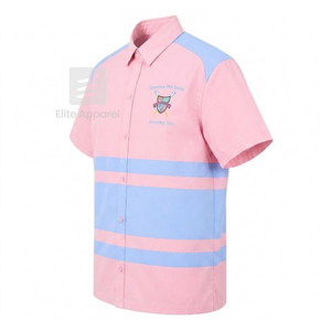 Chemise boutonnée personnalisée Gamma Phi Delta avec logo brodé sur le devant, rayée rose et bleu ciel, pour vêtements grecs féminins. - Product Image 2