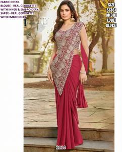 Sari traditionnel en viscose de soie Shyamli brodé, infroissable et absorbant l'humidité, idéal pour les mariages et les fêtes en toutes saisons - Product Image 3