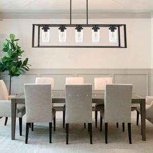 Lampadario a sospensione moderno a 5 luci per isola cucina, con paralume in vetro trasparente e gabbia lineare, per illuminazione sala da pranzo - Product Image 4