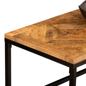 Mesa de Centro Europea de Madera de Mango Sólida con Incrustaciones Geométricas, Tapa Cuadrada con Acabado Negro y Marco de Metal, Acabado de Madera Natural y Rústica - Product Image 4