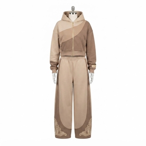 Conjunto deportivo de dos piezas para mujer con sudadera con cremallera y bloques de color con pedrería y pantalones deportivos de pierna ancha - Product Image 5