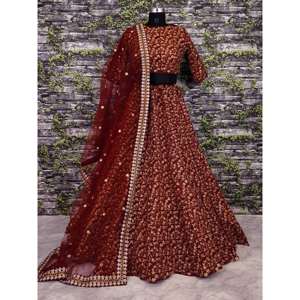 Elegante Lehenga de Seda Cruda Bordada en Color Granate de Diseñador, Semi Cosida, por Zeel Clothing - Product Image 1