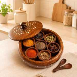 กล่องเครื่องเทศไม้ทำมือ ดีไซน์ทรงกลมหลายช่อง สำหรับเก็บเครื่องเทศและเครื่องปรุงรสในครัว - Product Image 5