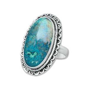 Bague artisanale en argent plaqué avec grande pierre de chrysocolle naturelle de forme ovale, style bohème chrétien, pour femme, cadeau de Noël - Product Image 4