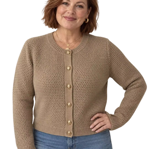 Cárdigan de Punto Beige Taupe para Mujer, Suéter con Botones al Frente, Tejido Texturizado, Manga Larga, Estilo Casual, Fabricante Mayorista Personalizado - Product Image 5