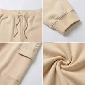Pantalones Deportivos de Algodón Beige para Hombre, Cintura Elástica con Cordón, Múltiples Bolsillos, Joggers Casuales, Tejido de Peso Medio, Ropa de Otoño - Product Image 4
