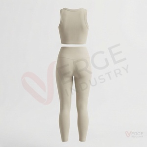 Ensemble de yoga 2 pièces pour femmes, haut court sans manches à col rond beige, leggings taille haute longueur intégrale - Product Image 2