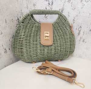 Green Woven Straw Tote Bag PU Leather Flap Crossbody Handbag Detachable <b>Strap</b> for Beach Travel Daily Use - Product Image 3