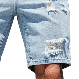 Pantalones Cortos de Mezclilla para Hombre, Color Azul Claro, Transpirables, Lavados, Desgastados, de Algodón, Corte Recto, Rasgados, Casuales, de Verano, con Cinco Bolsillos, Botones y Cierre - Product Image 5