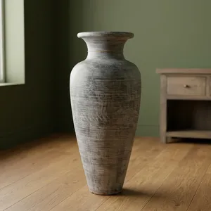 Vase décoratif haut en terre cuite grise, finition rustique vieillie, pour décoration de sol, maison, jardin, accent décoratif, poterie XL - Product Image 1