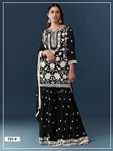 Kurti noir brodé avec pantalon palazzo, tenue ethnique traditionnelle pour femmes, longueur au sol, Inde, Pakistan, coton, coupe ample - Product Image 3