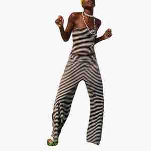 Casual Striped 2 Piece Set Strapless Crop Top And Wide Leg <b>Pants</b> Casual Women's Loose Fit Spring Summer Outfit Cotton Co-ord Set - Product Image 3