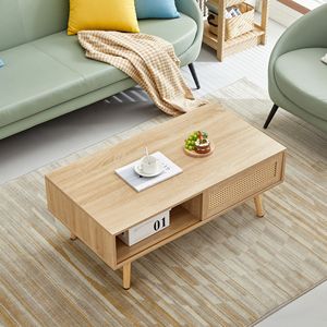 Tavolino da Salotto Moderno 105 cm con Porta Scorrevole e Vano Portaoggetti, Gambe in Legno Massello, Rattan Naturale - Tavolino da Caffè - Product Image 2
