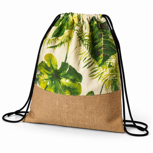 Sac à cordon en coton naturel et jute 140 GSM 38x42 cm, impression CMYK tropicale, logo personnalisé, promotionnel, vente en gros, marque privée, en vrac - Product Image 3