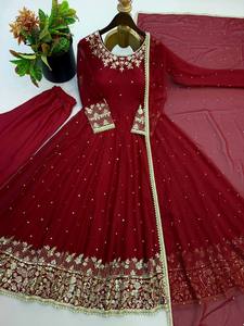 Robe Anarkali brodée marron pour femme, style traditionnel indien pakistanais, longueur ras du sol, coupe ample, en polyester - Product Image 3
