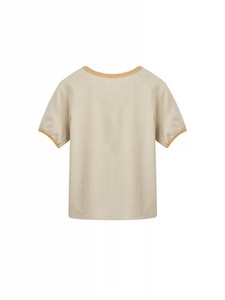 Camiseta Casual Chic Vintage Amarilla Sólida de Manga Corta con Logo y Cuello Redondo - Transpirable y Ecológica para Mujer, Uso Diario - Individual - Product Image 5