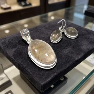 925 Sterling Silver Rutilated Quartz Jewelry Set Oval Pendant Earrings Golden Rutile Gemstone Bezel Setting Women's Jewelry Sets - Product Image 3