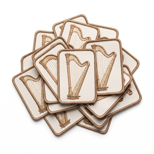 Parche Personalizado al por Mayor, Rectangular, con Diseño de Instrumento Musical Arpa Clásica, en Color Blanco Roto con Borde Marrón, Aplique - Product Image 1