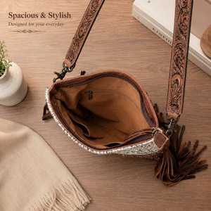 Handmade Hair On Cowhide Leather Crossbody Bag Western Tooled Fringe Shoulder <b>Purse</b> <b>with</b> Floral Hand Carved Sling Bag for Women - Product Image 4