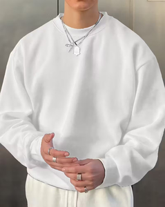 Men's White Crew Neck Oversized Woven Fleece Pullover Solid Color Minimalist Breathable Polyester Sweatshirt Winter Wear - Product Image 1