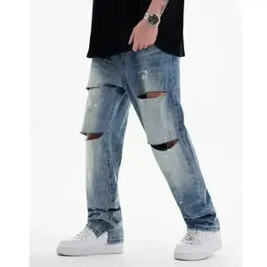 Jean baggy déchiré de haute qualité pour homme, coupe large, délavé, couleur unie, style streetwear - Product Image 2