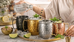Ensemble de 4 tasses Moscow Mule 500 ml en acier inoxydable finition martelée, avec poignée, pour bière/vin/cocktail, vaisselle durable pour cocktails - Product Image 6