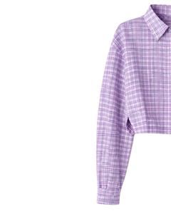 Camisa Corta a Cuadros Color Lavanda para Mujer, Cuello Camisero, Manga Larga, Botones, Blusa Informal, Fabricante OEM Personalizado - Product Image 4