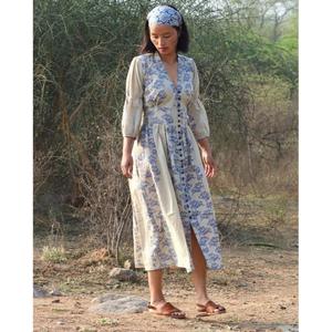 Vestido Maxi con Estampado Floral para Mujer, con Mangas Abullonadas, Cuello en V con Botones, Estilo Boho Vintage - Product Image 2
