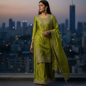 Elegante Conjunto Kurti Plazzo de Seda Chinon con Bordado de Hilo y Zari y Adornos de Perlas, Estilo Bollywood para Fiestas - Product Image 1